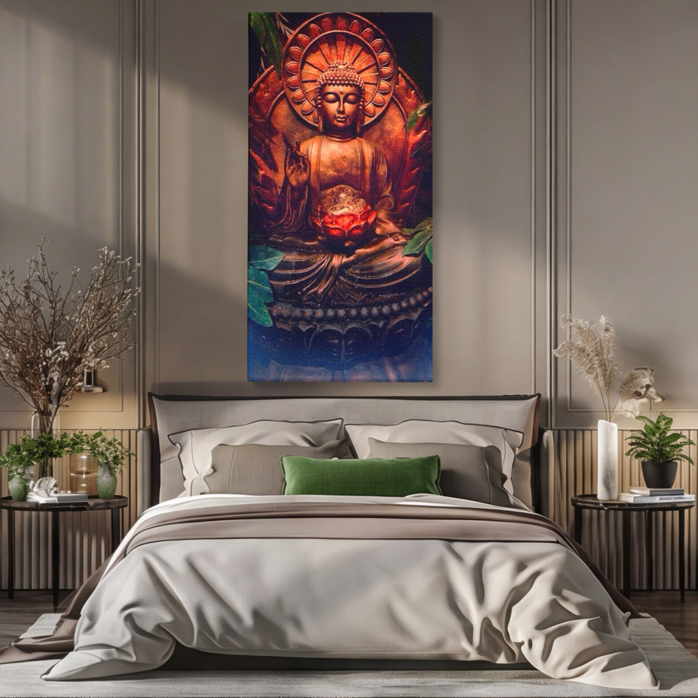 Tablou canvas cu tablou canvas cu statuie buddha in meditatie, fara rama, pe sasiu de lemn, pe perete intr-un dormitor